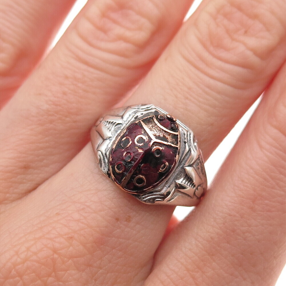 Uncas 925 Sterling Silver Antique Art Deco Enamel Ladybug Ring Size 8.75